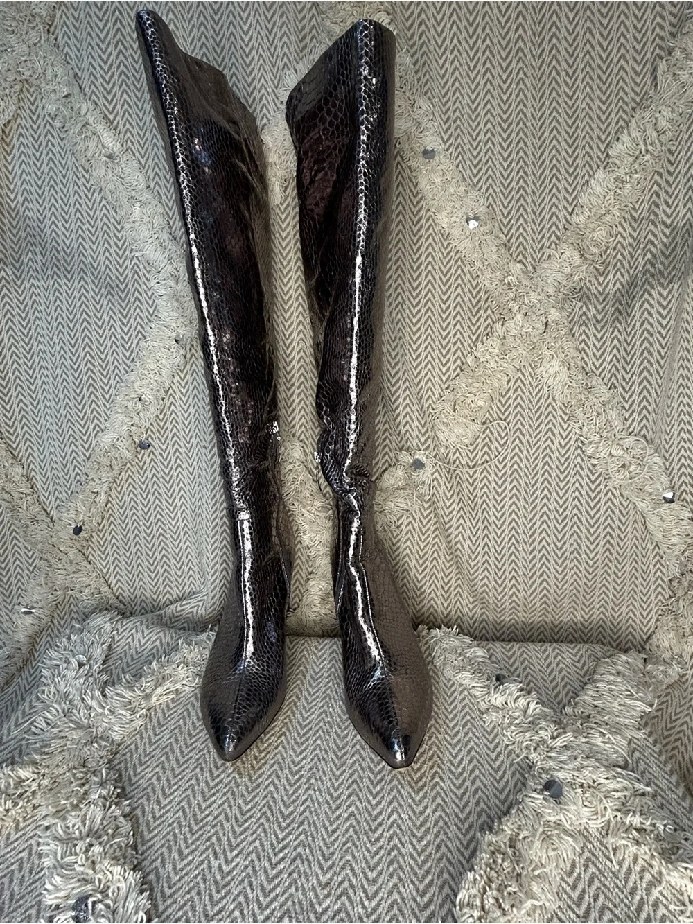 Michael Shannon Metallic Black Snake-Embossed Over-the-Knee Boots